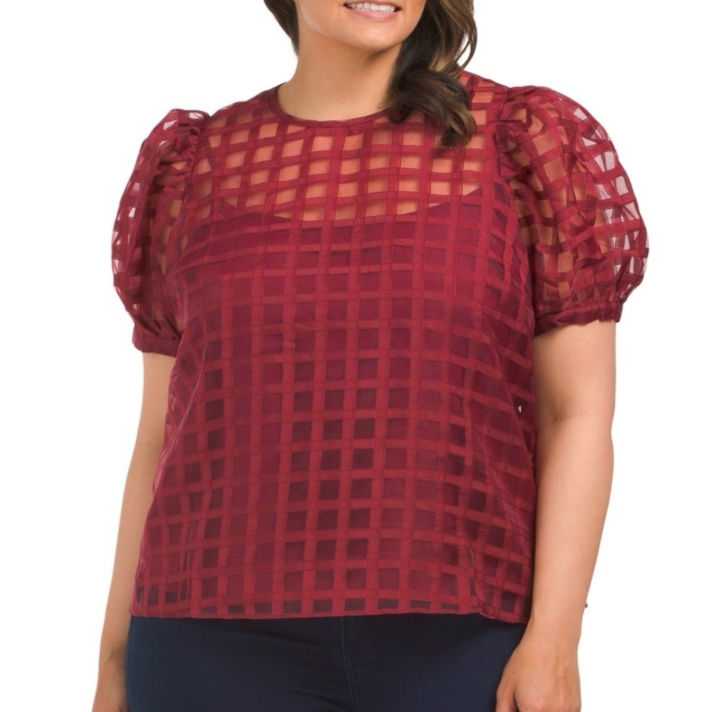 Endless Rose Plus Size Plaid Burgundy Sheer Top size 2X